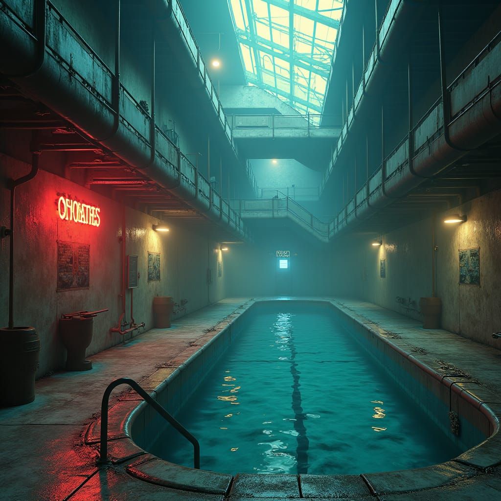 Ethereal Abandoned Pool Complex in Surrealist Style