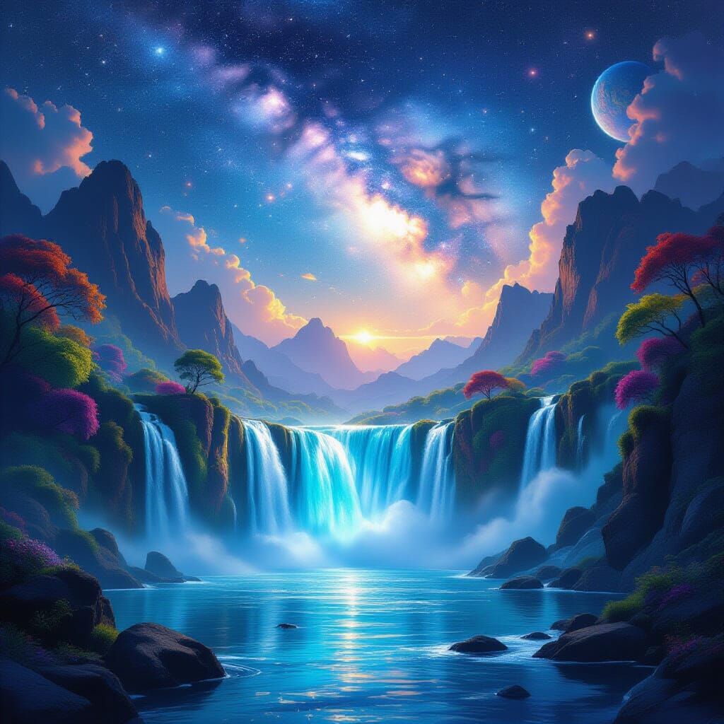 Glowing Turquoise Waterfall in Cosmic Fantasy Landscape