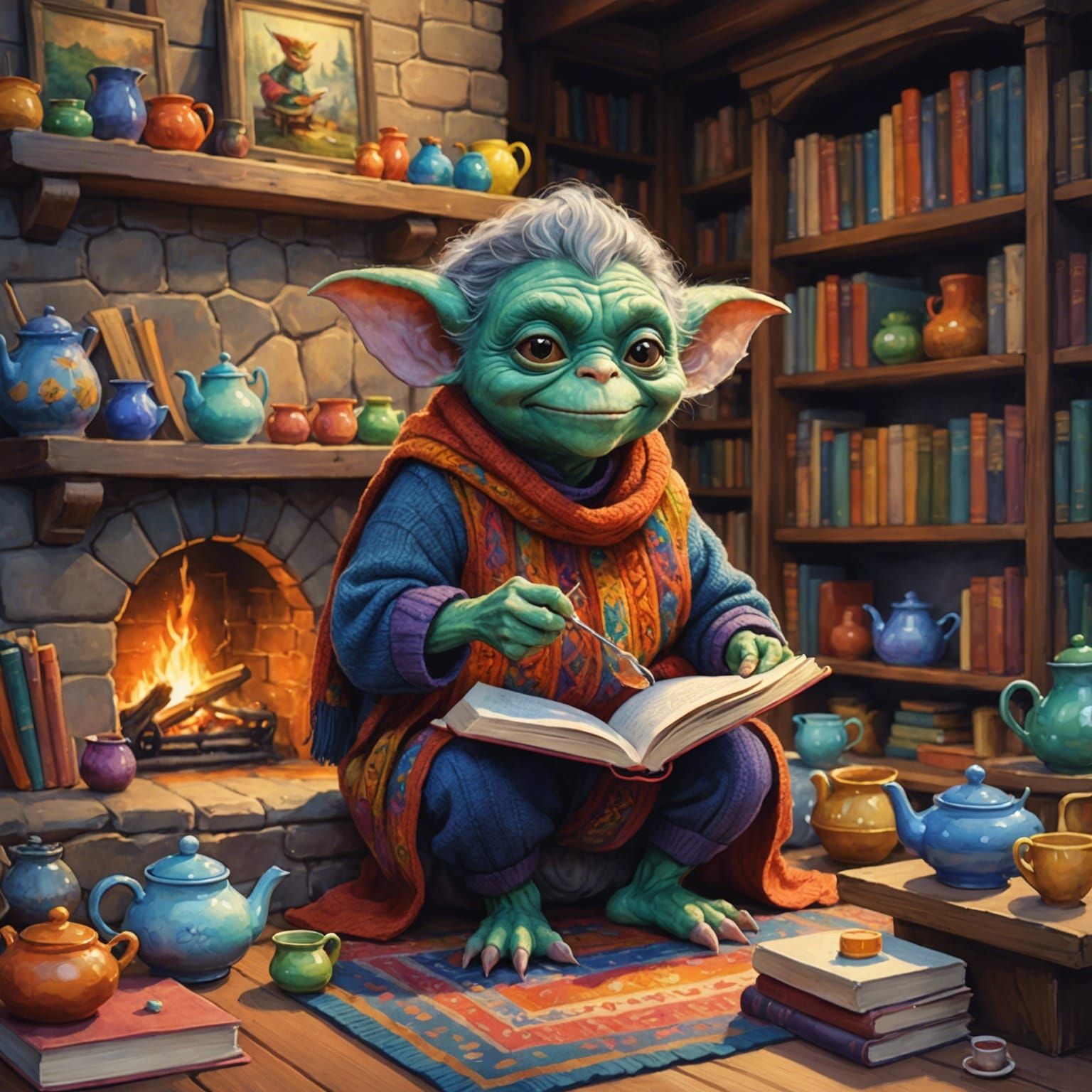 Grandma Gremlin Knitting: A Watercolor Fantasy