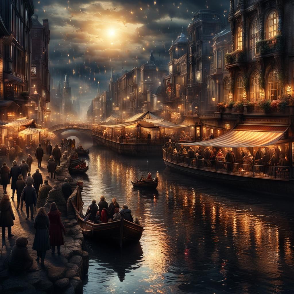 Vibrant City Crowds Flowing Under Twinkling Lights