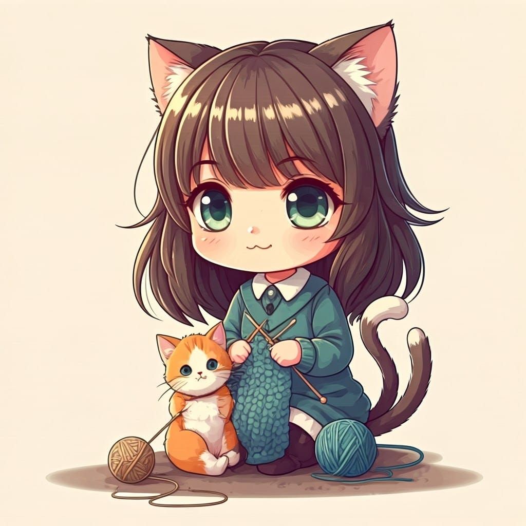 Chibi Catgirl's Playful Moment with Kitten