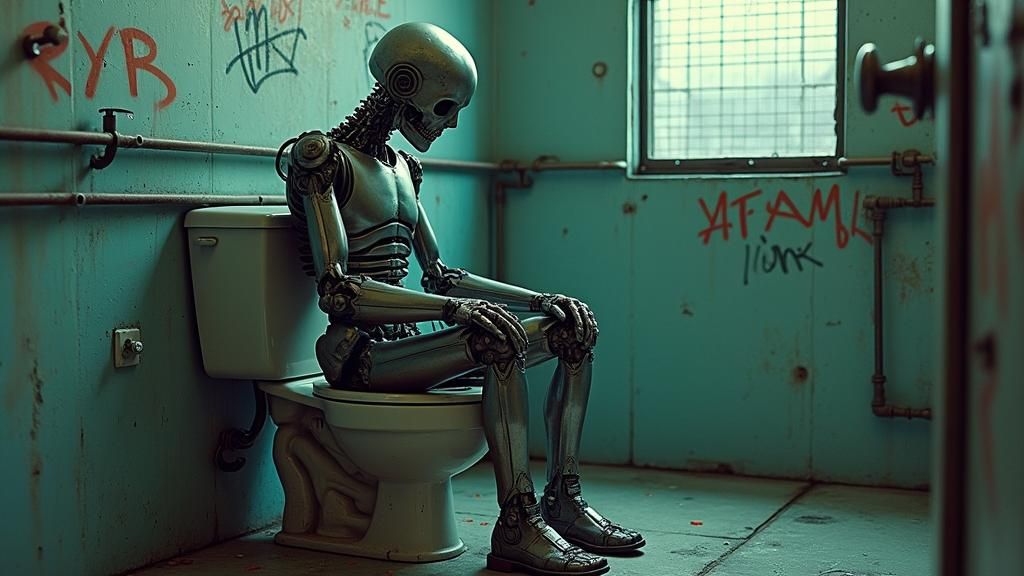 Cyborg Endoskeleton in Dystopian Bathroom: Sci-Fi Realism