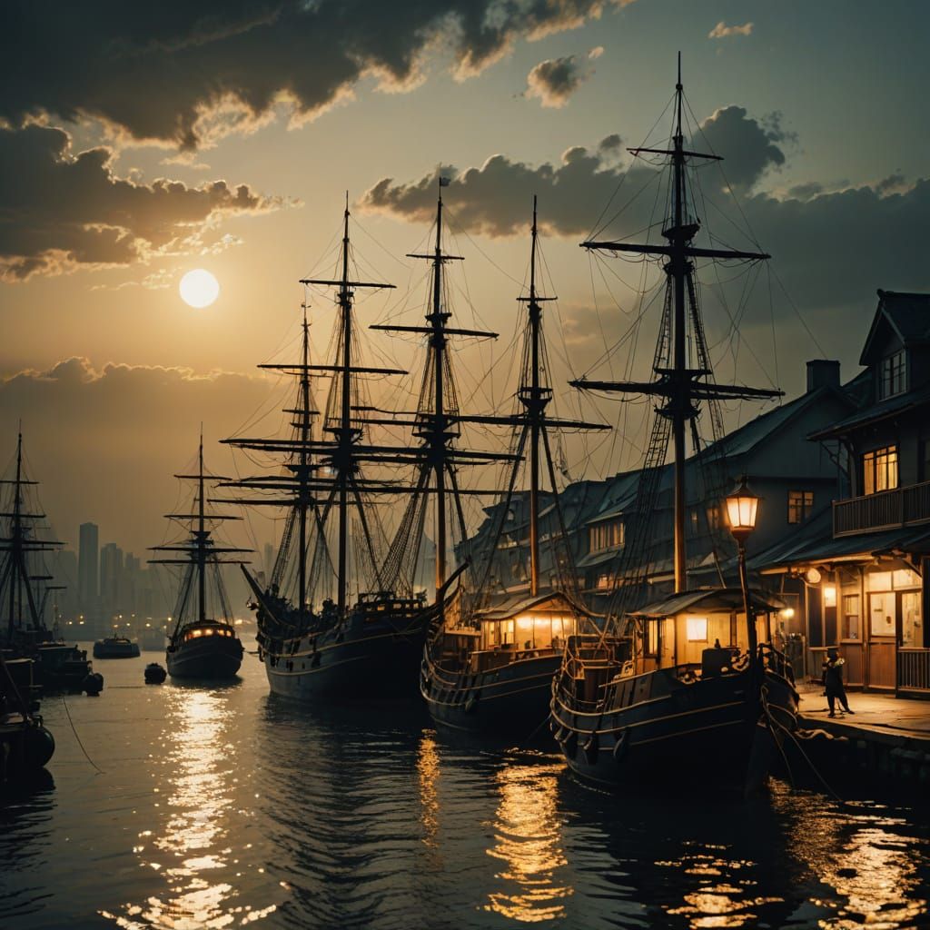 Sailing Ships at Harbour in Golden Hour