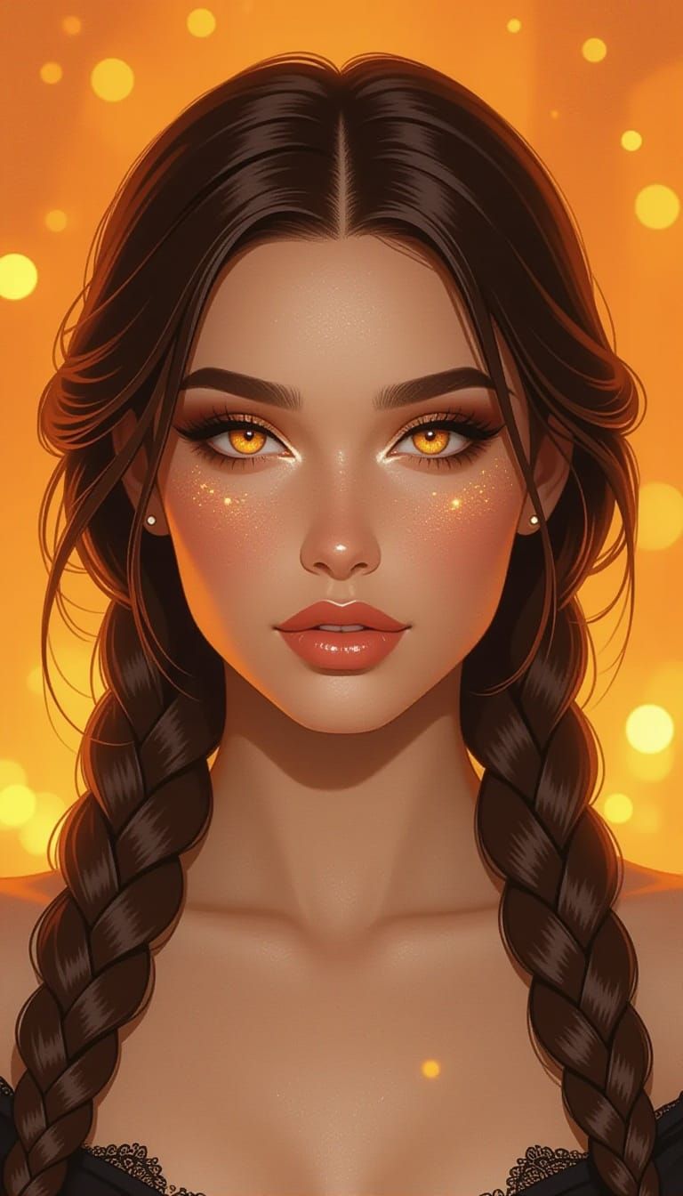Brunette With Braids, Fiery Orange Glow, Amber Eyes