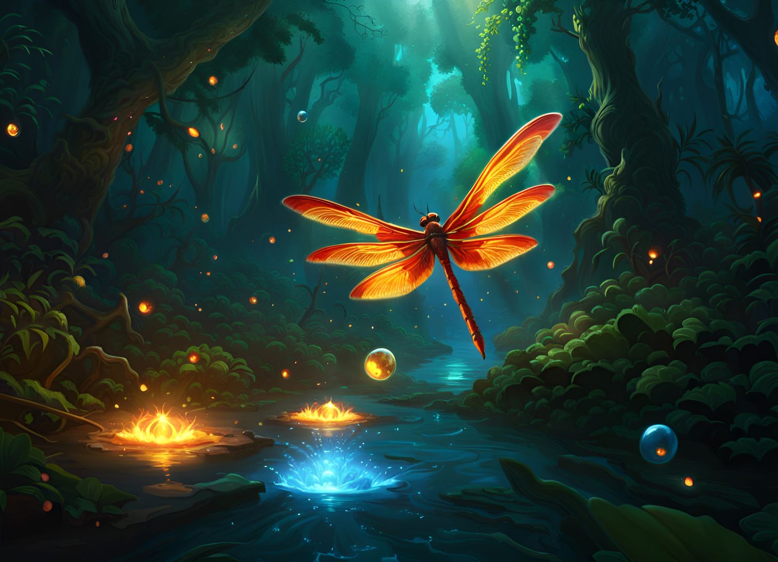 Fire Rune Dragonfly in Magical Forest, Digital Art