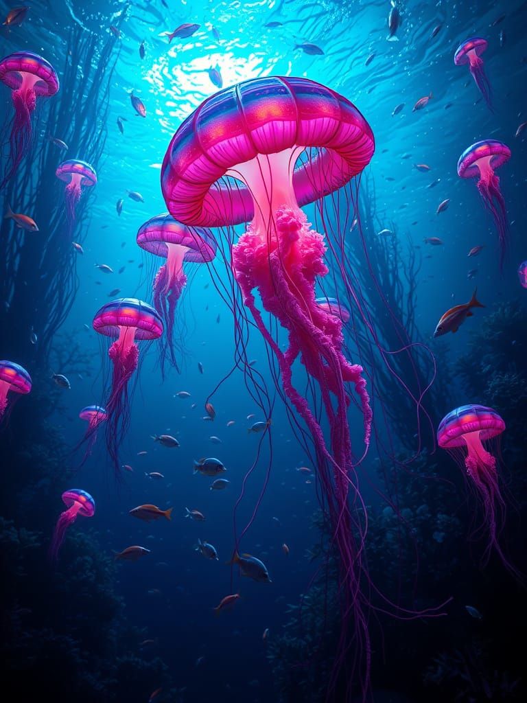 Surreal Underwater Scene with Bioluminescent Jellyfish and K...