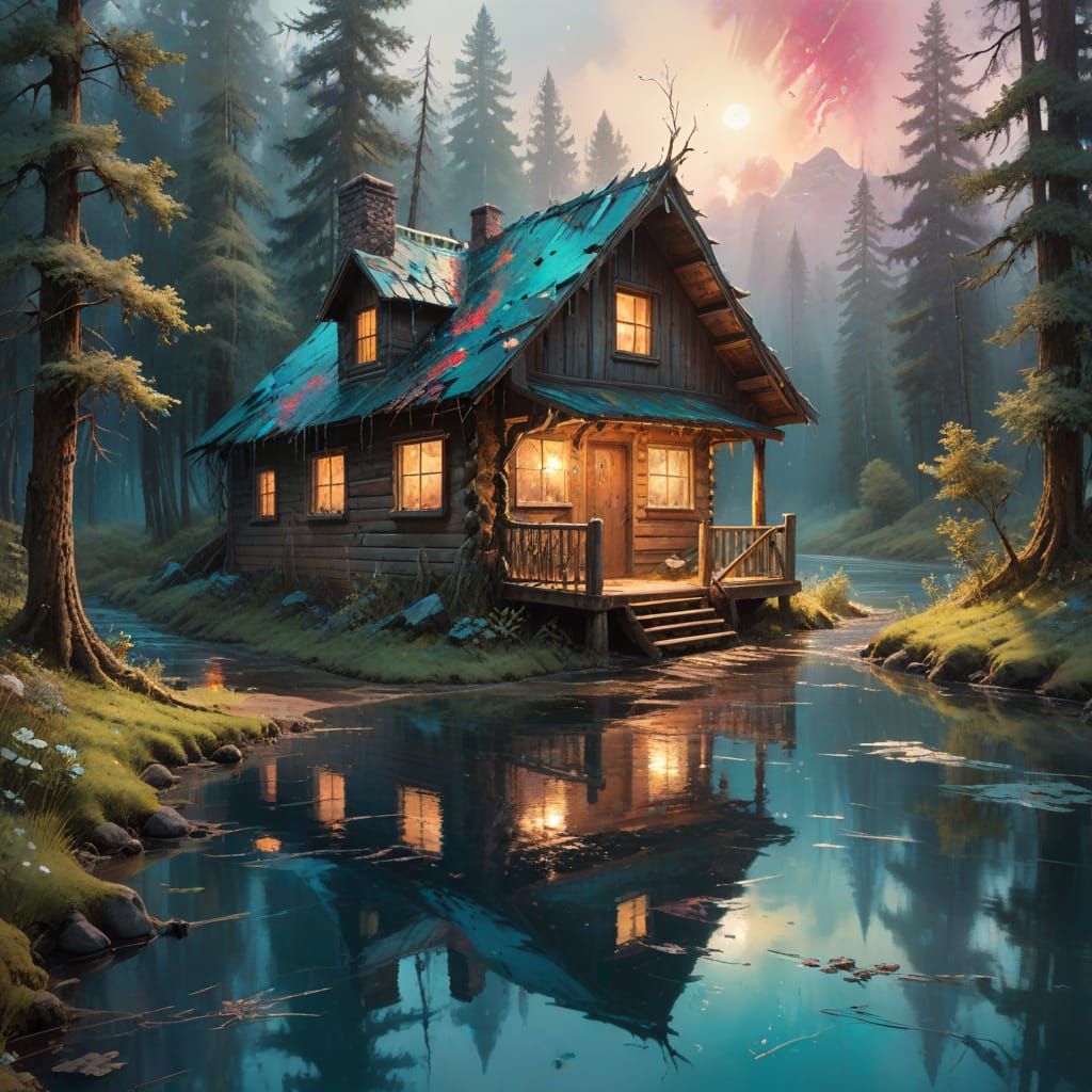 Whimsical Thomas Kinkade-Inspired River Scene with Cozy Cabi...