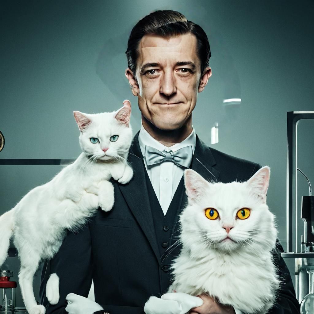 Elegant Bond Villain in Laboratory with White Cat, Inspired....