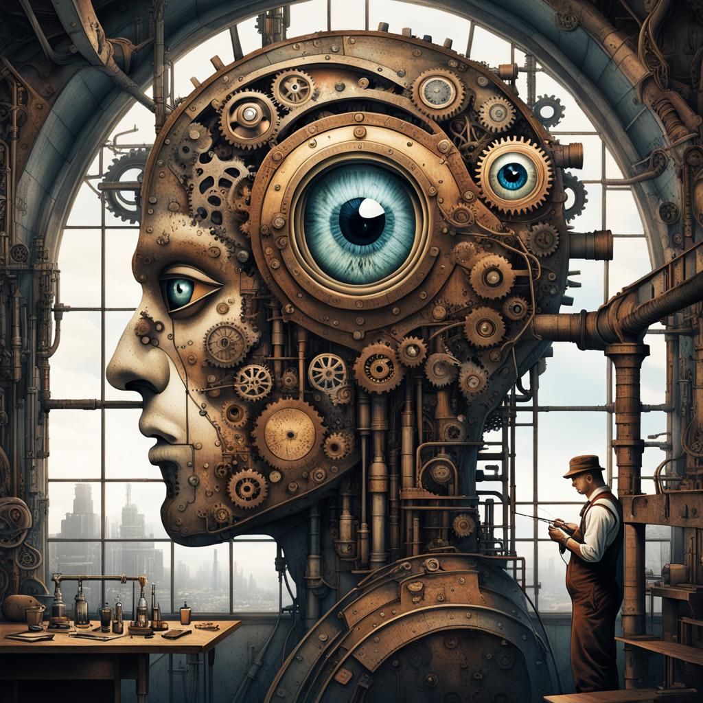 Surreal Steampunk Head Interior with Workers