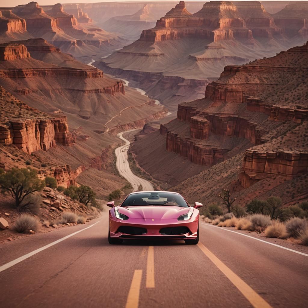 Pink Ferrari Speeds Through Grand Canyon at Sunset