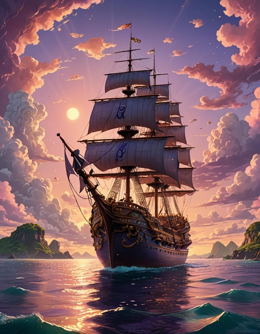 Majestic Ship on Serene Ocean in Pixar Style