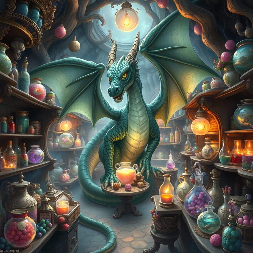 Fantasy Apothecary with Majestic Dragon and Twinkling Potion...