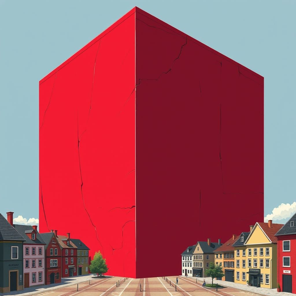 Giant Red Cube Dominates Quaint Town Square in Comic Book St...