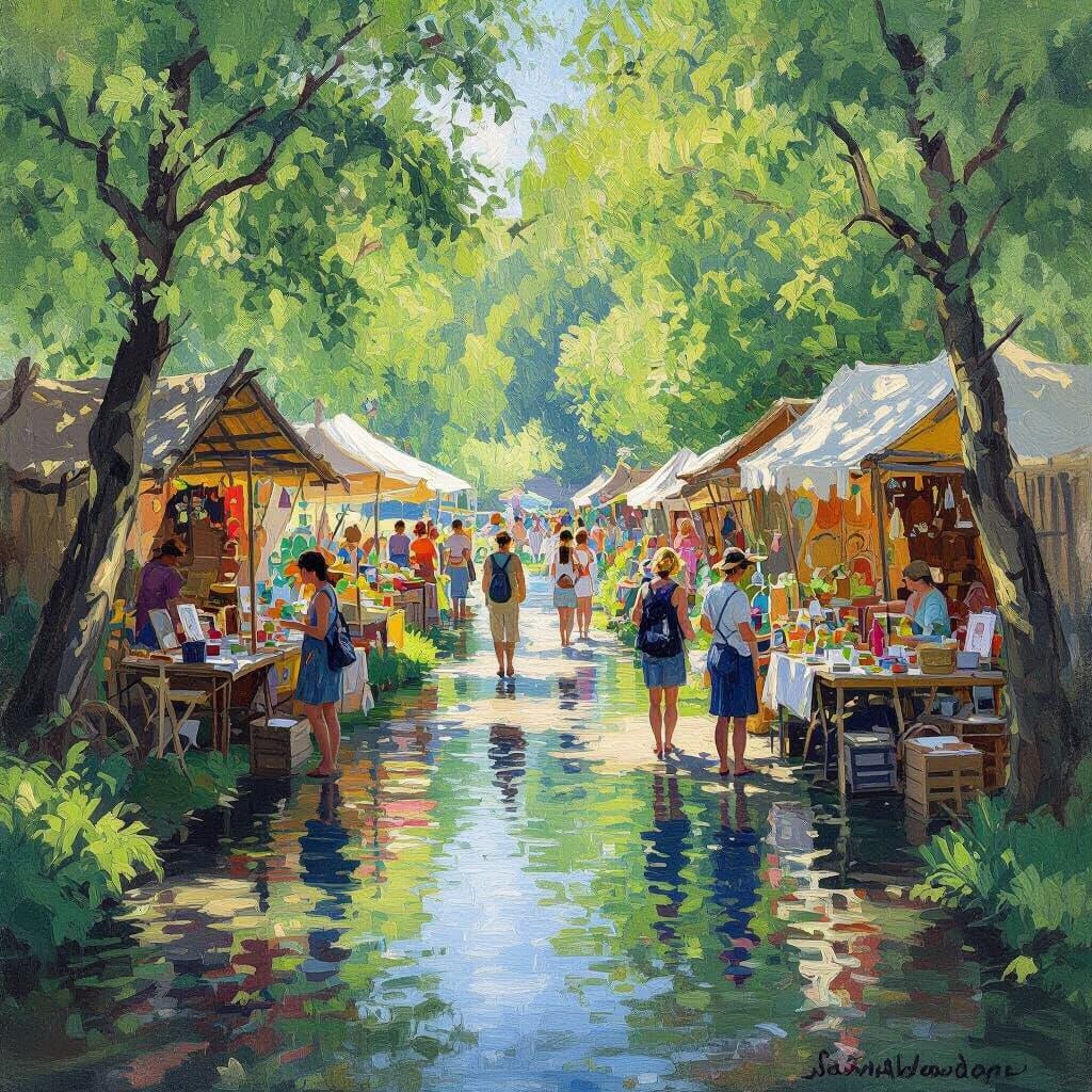 Vibrant Eco-Festival by River in Monet-Inspired Impressionis...