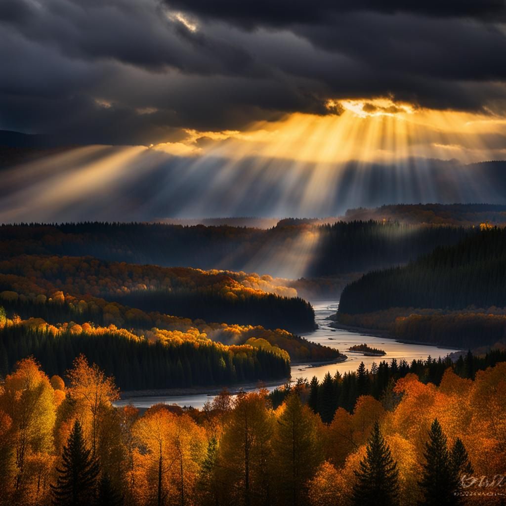 Autumn Waterfall Sunset in Dark Yellow and Navy