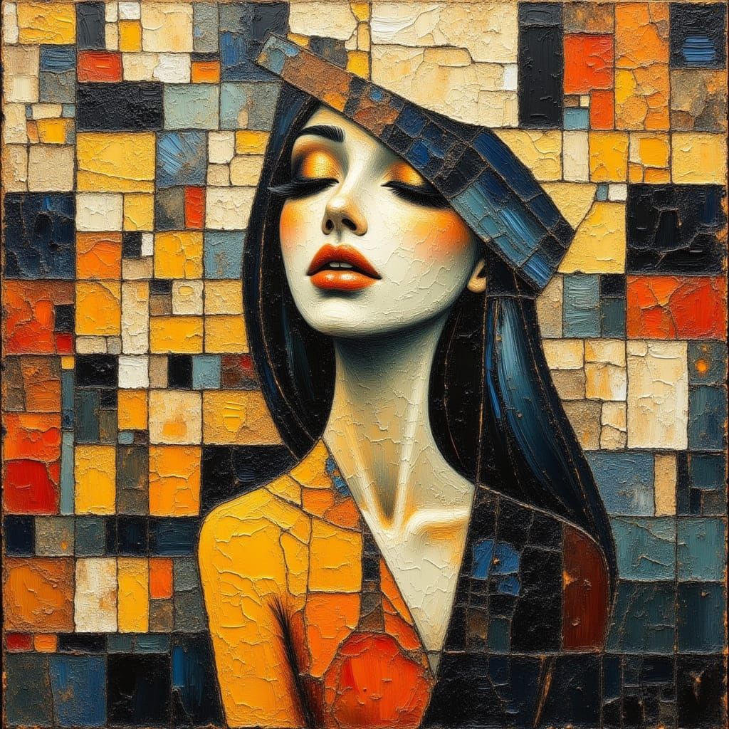 Woman in Geometric Maze: Surreal Oil Painting