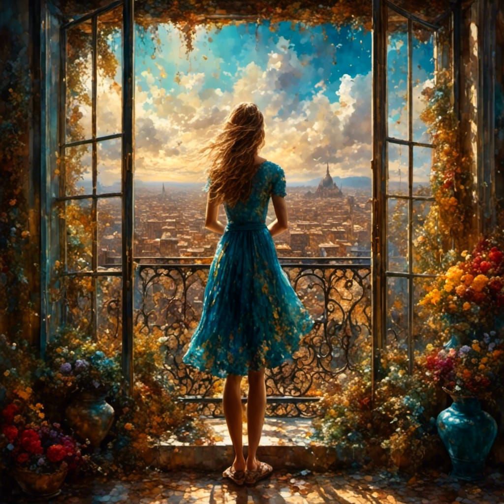 Woman Gazing Out Window in Hyperrealistic Style