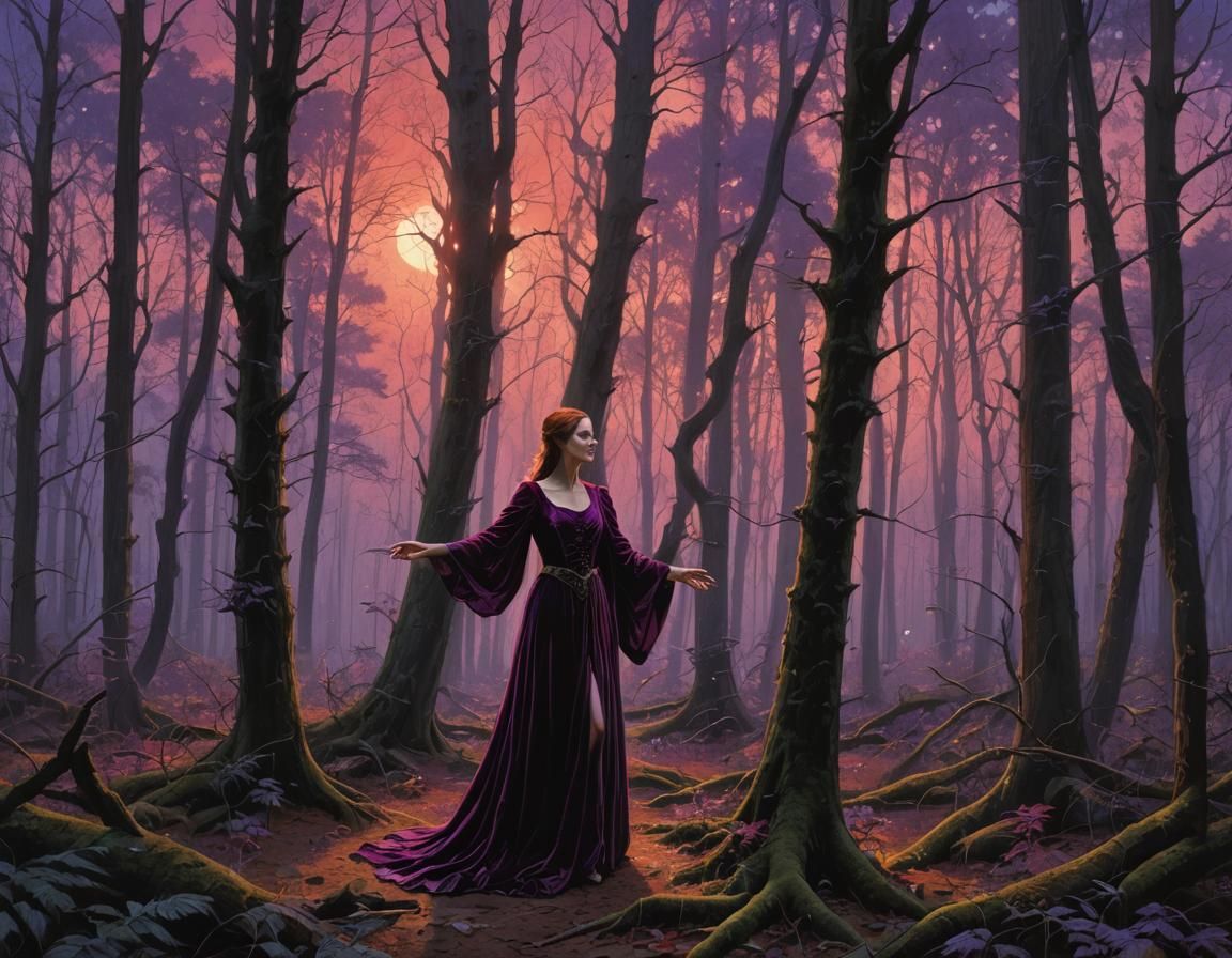 Enchanted Forest Figure in Crimson Sky