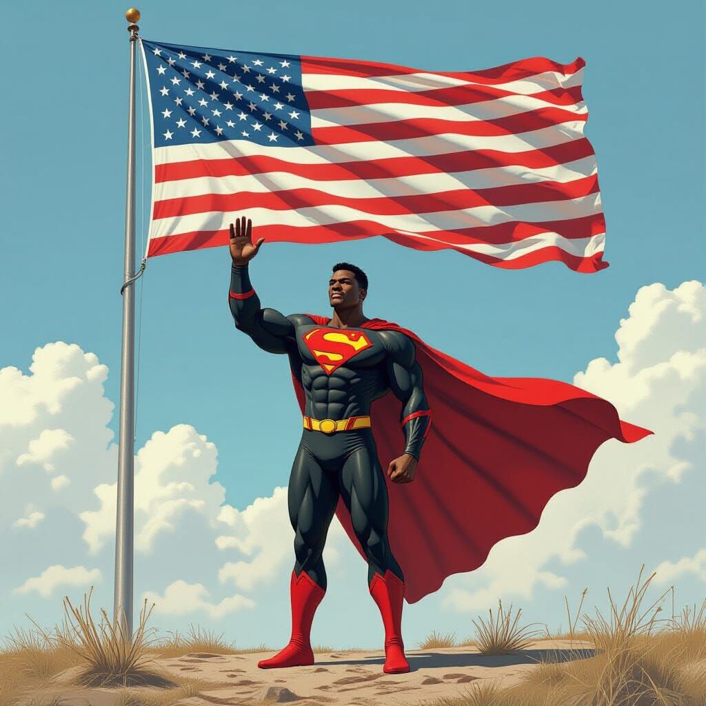 African Superman with Upside Down American Flag