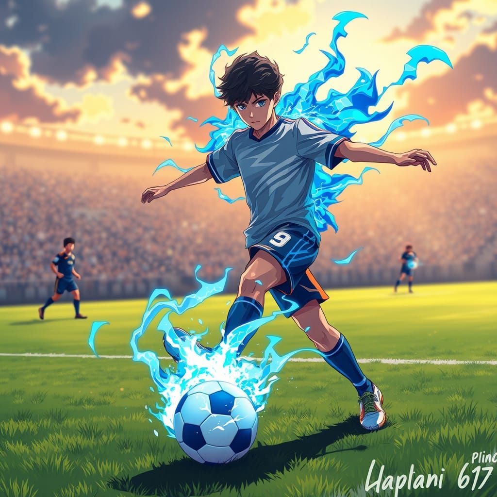 Hyper-Detailed Anime Soccer Scene with Blue Flame Aura