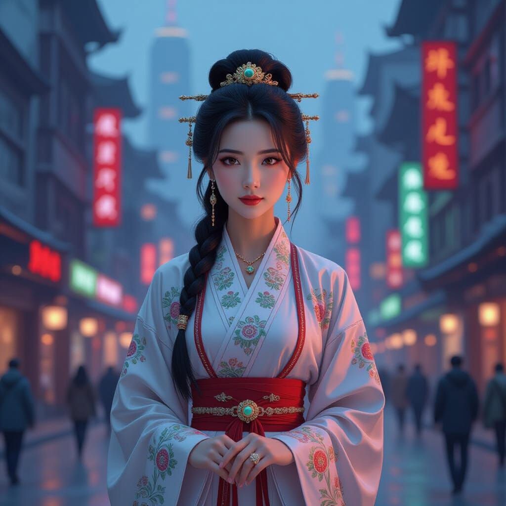 Bewildered Tang Dynasty Woman in Modern Cityscape