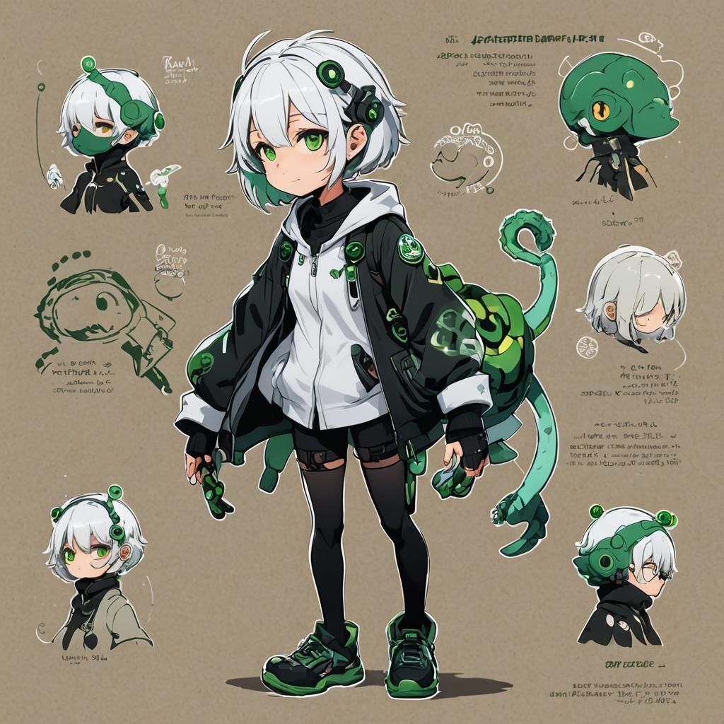 Anime Girl Character Sheet with Chameleon in Manga Style