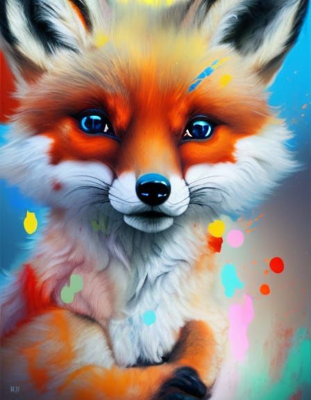 Adorable Chibi Fox in Colorful Splash Art