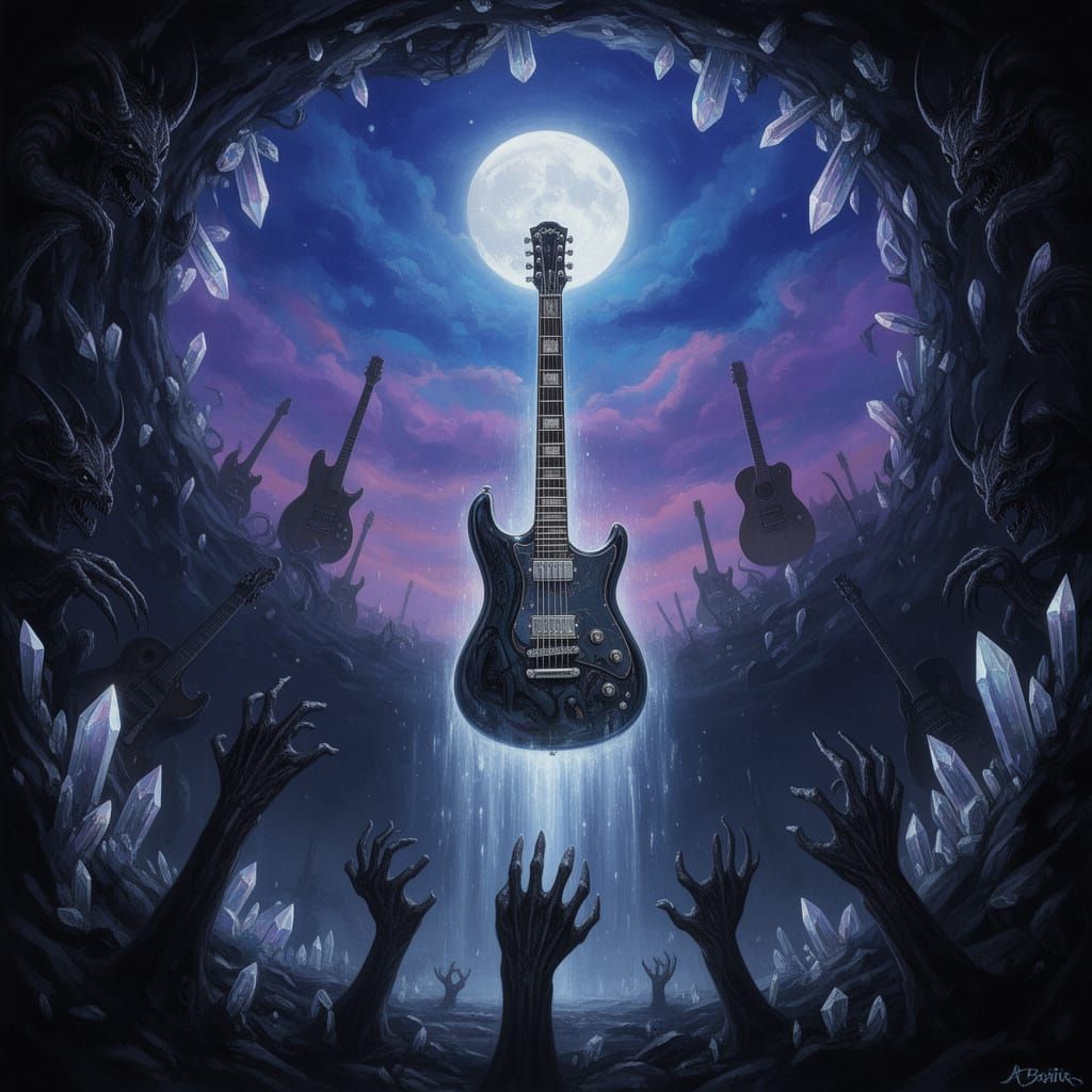 Demonic Electric Guitar in Abyss with Crystal Moonlit Sky