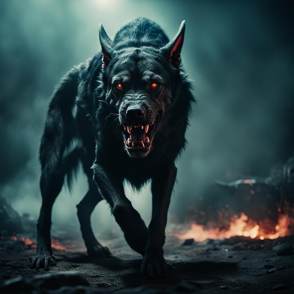 Dramatic Hellhound in Cinematic Film Still