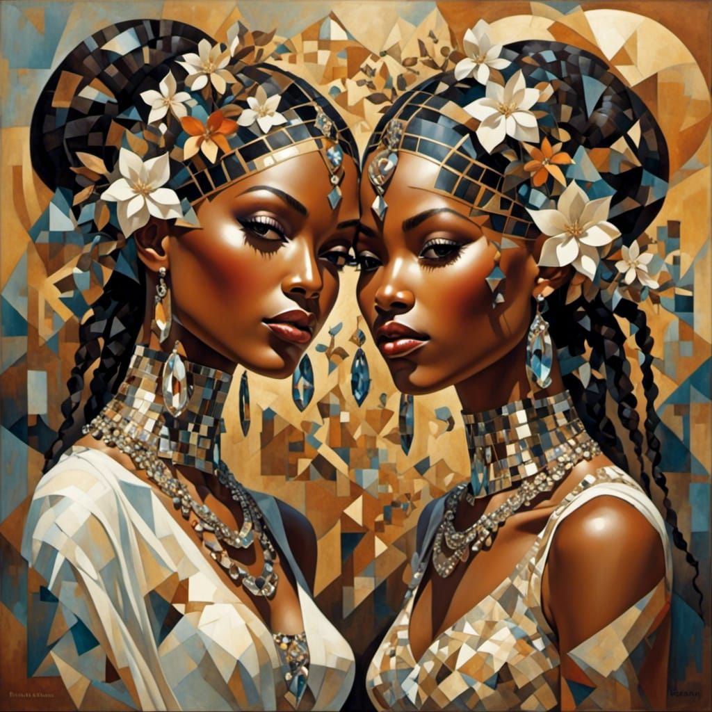Geometric Twin Portrait in Crystal Cubism Style