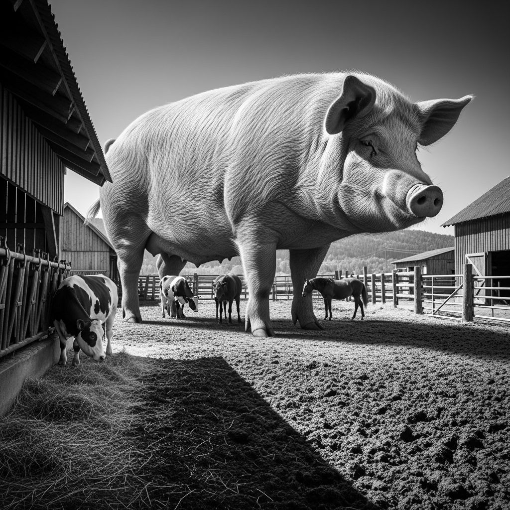 Monochrome Photo of a Colossal Pig in Barnyard