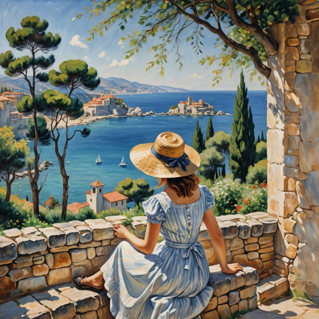 Impressionist Woman Gazing at Italian Sea View