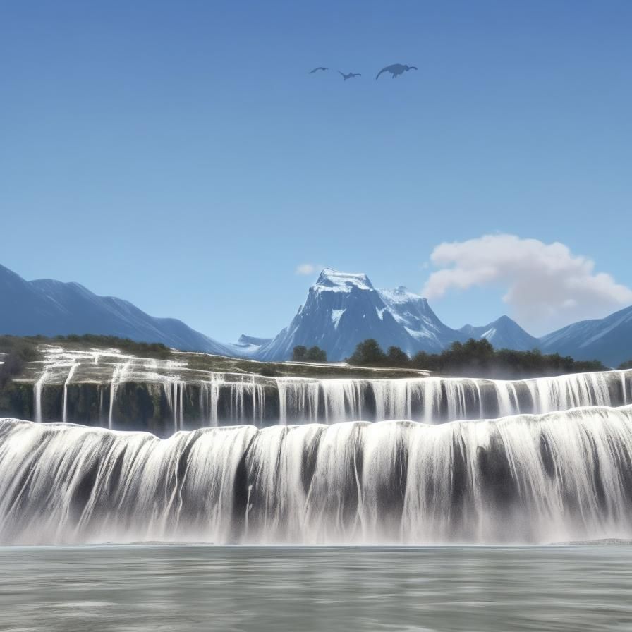 Dinosaurs Roam Near Mountains and Waterfall