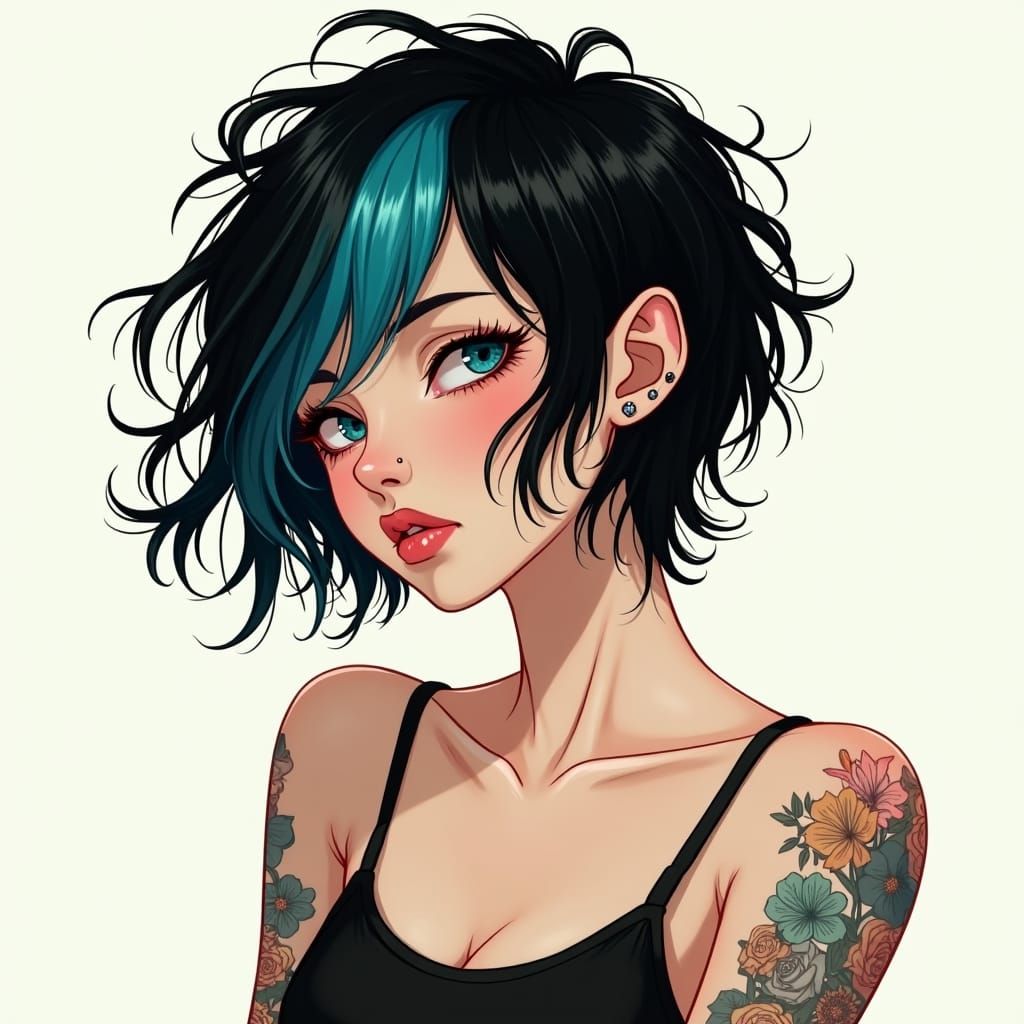 Girl with Black and Blue Hair in Digital Art Style