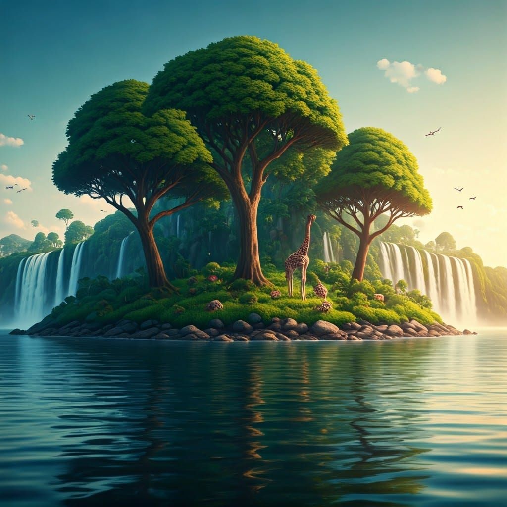 Idyllic Island Scene with Giraffes and Waterfalls in Dreamy ...