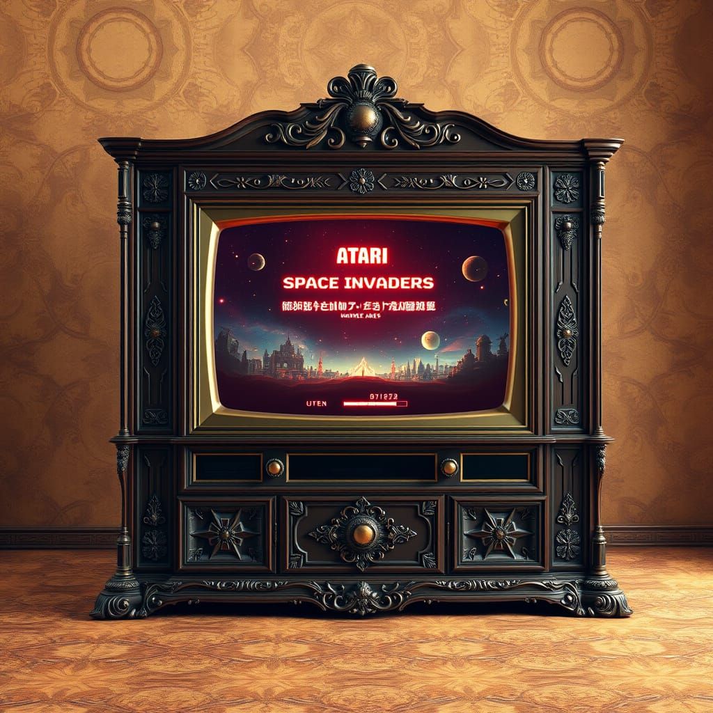 Retro-Futuristic Console Television with Space Invaders