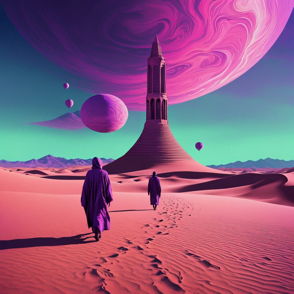 Retro-Futuristic Dreamscapes: 3 Figures Approach a Glowing P...