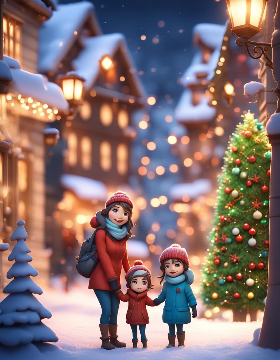 Cute Chibi Family in Winter Wonderland: 3D Digital Art