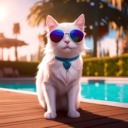 White Cat with Sunglasses by Pool