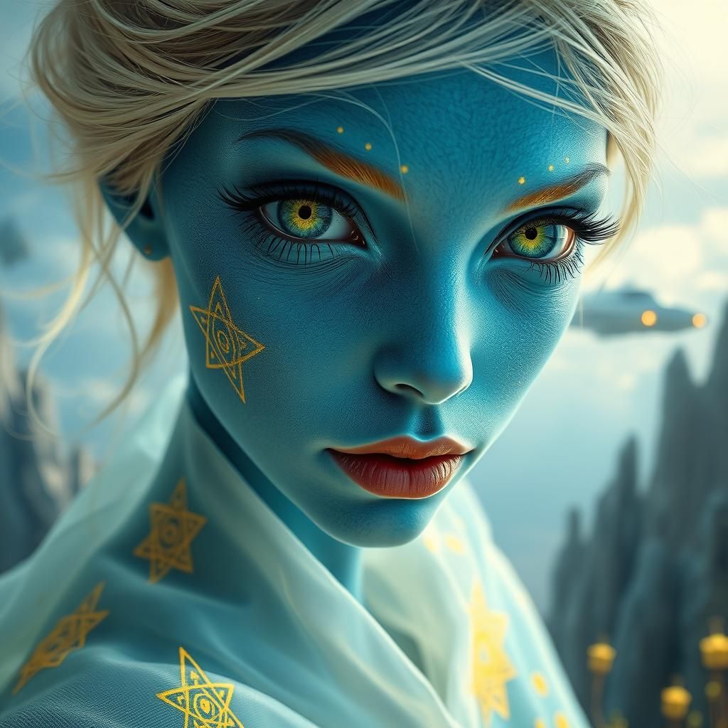 Alien Woman with Golden Tattoos and Starship