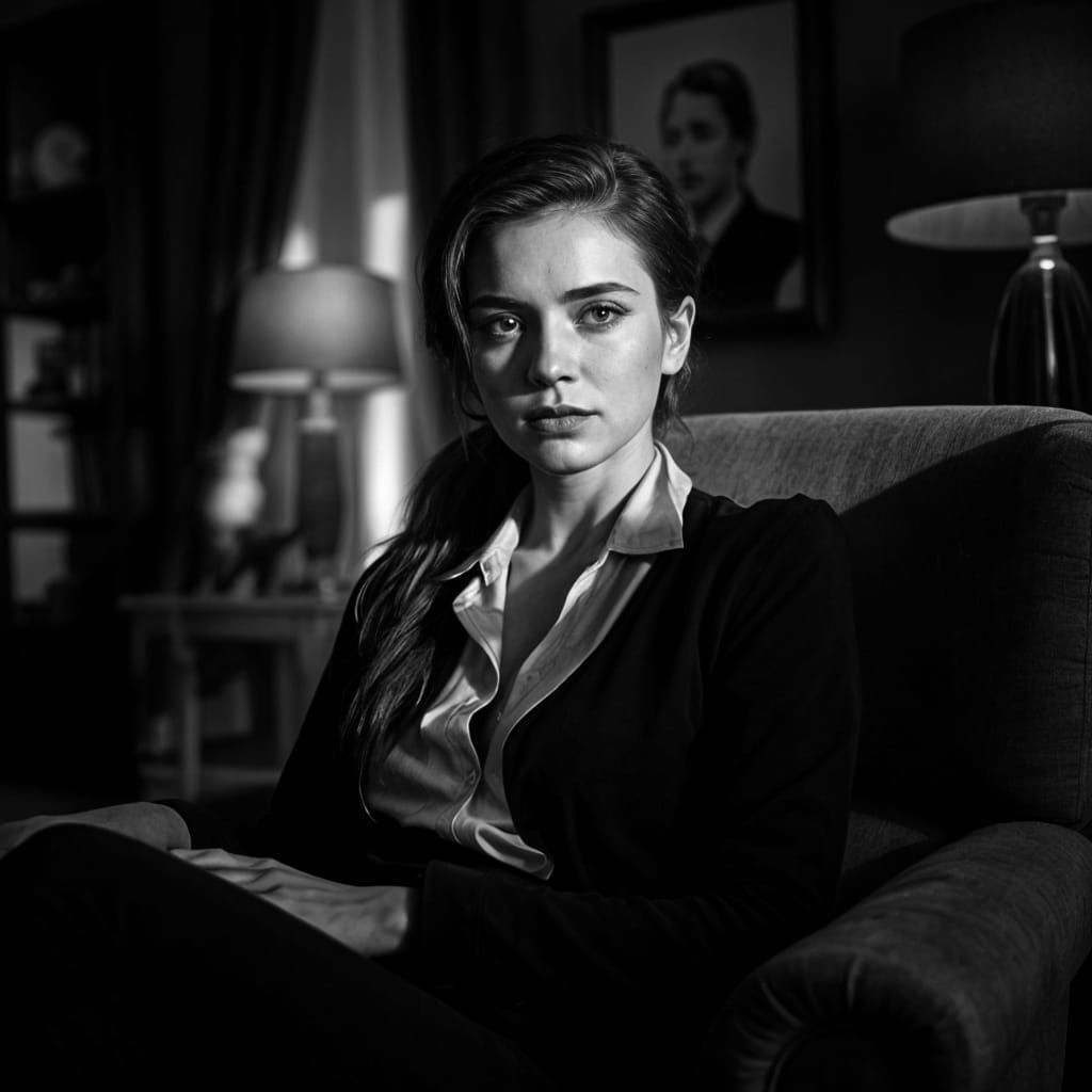 Monochrome Portrait of Woman in Living Room