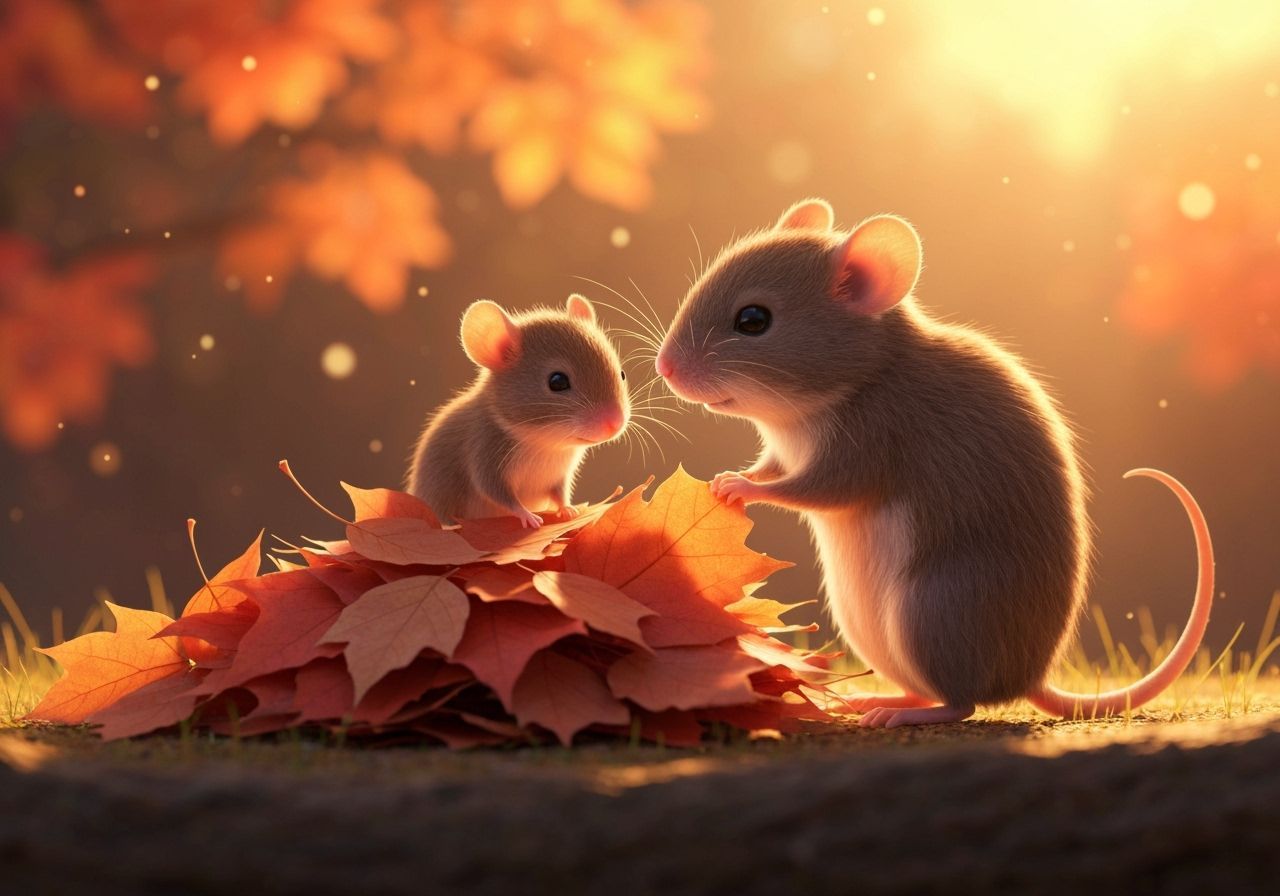 Cute Mouse Building Autumn Leaves Pile in Golden Hour Light