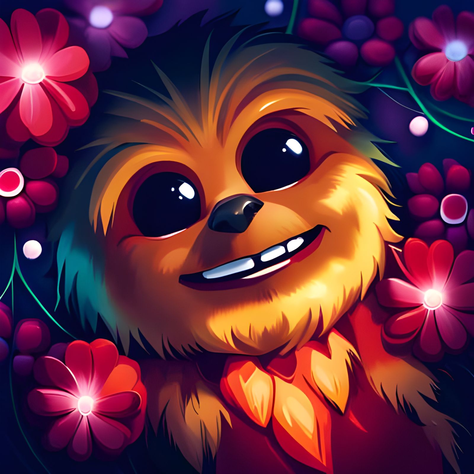 Baby Chewbacca Portrait with Flowers and Sparkles