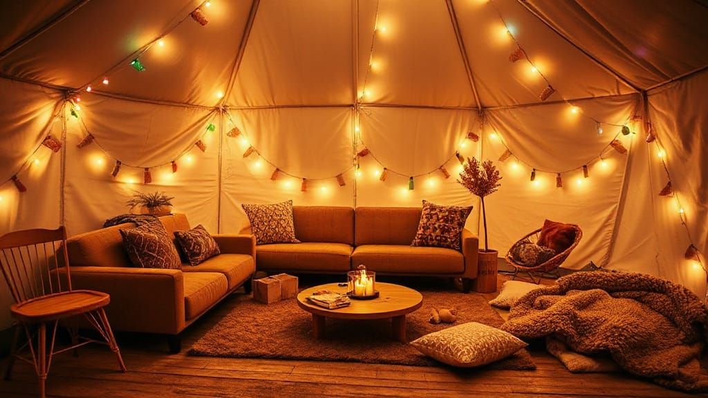 Cozy Winter Wonderland Glamping Scene in Soft Lighting