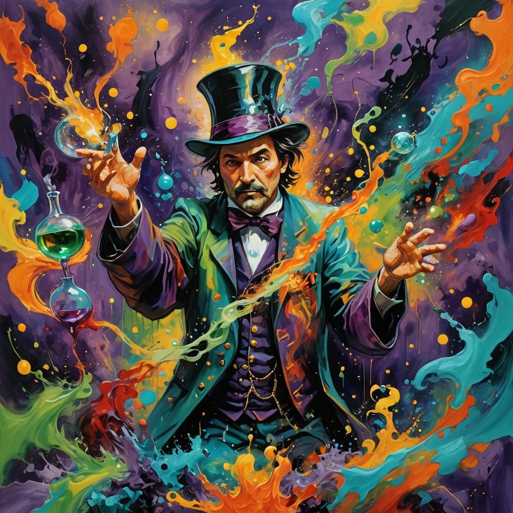 Magician Brews Potion in Abstract Expressionist Oil Painting
