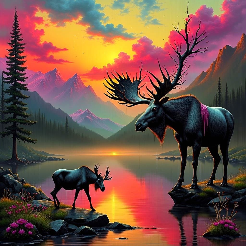 Regal Moose Amidst Sunset Mountains
