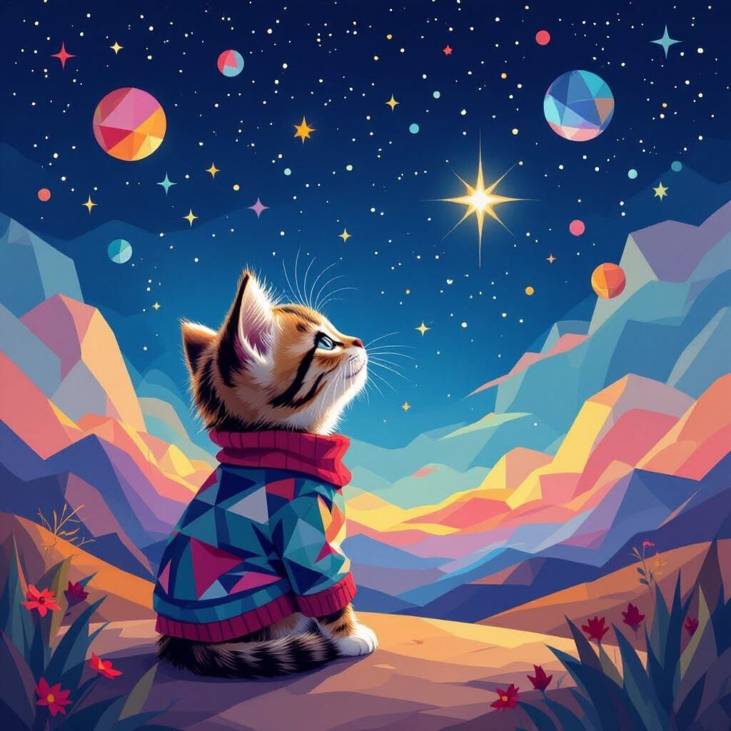 Kitten Gazing at Starry Sky in Neo-Cubist Style