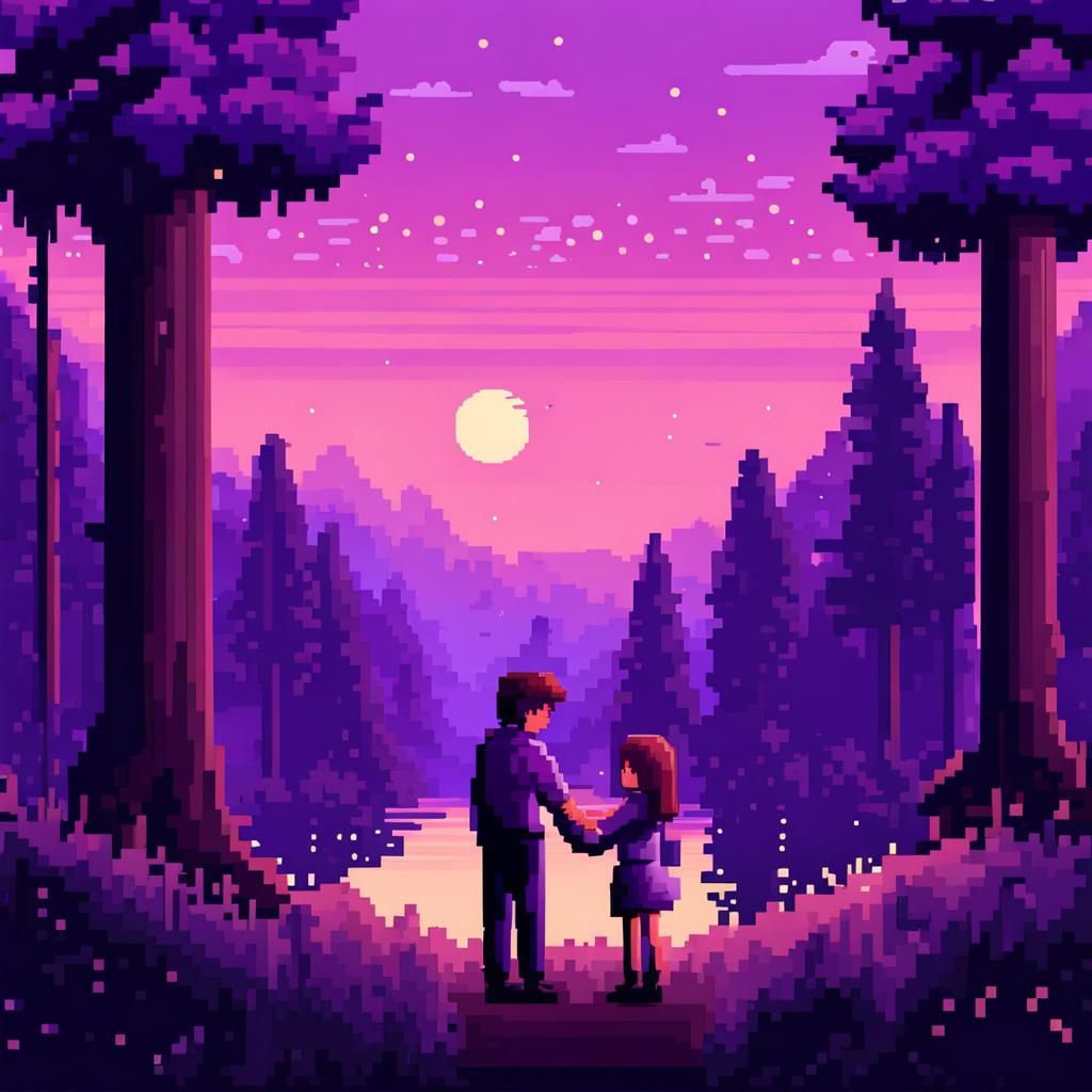 Pixel Art: Boy and Girl Hugging in Forest