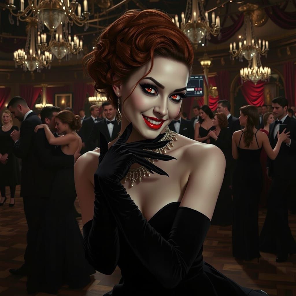 Seductive Vampire Woman in Ballroom, Hyperrealistic Style