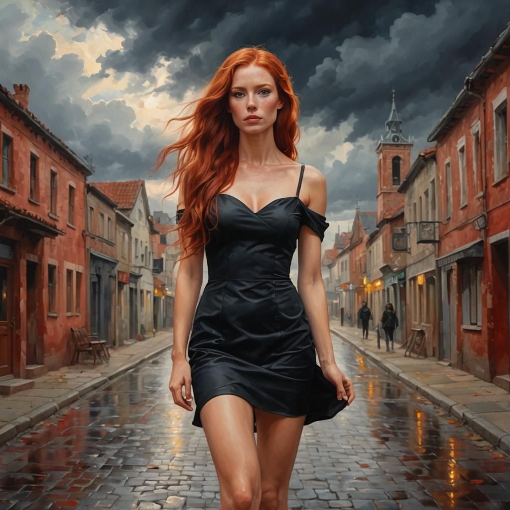 Woman with Red Hair Walking on a Cloudy Autumn Evening
